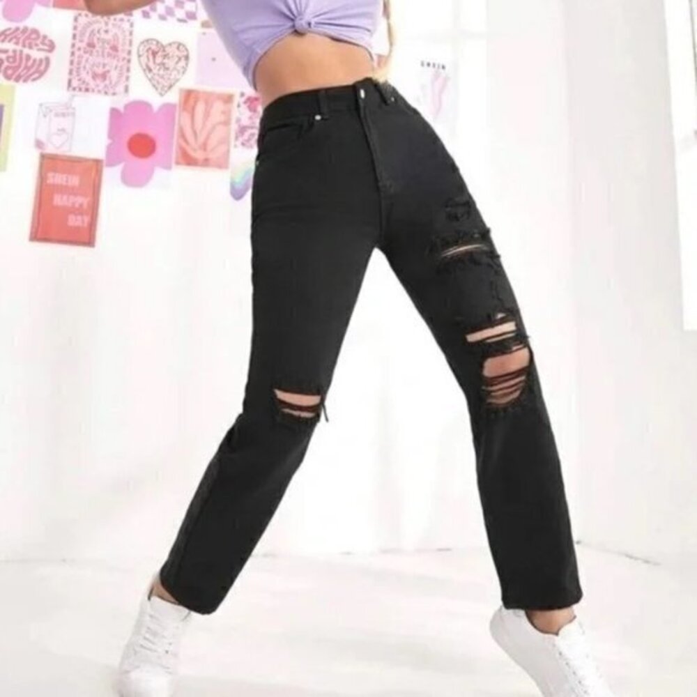Shein Charcoal Gray Distressed High Waist Baggy Jeans Size XS